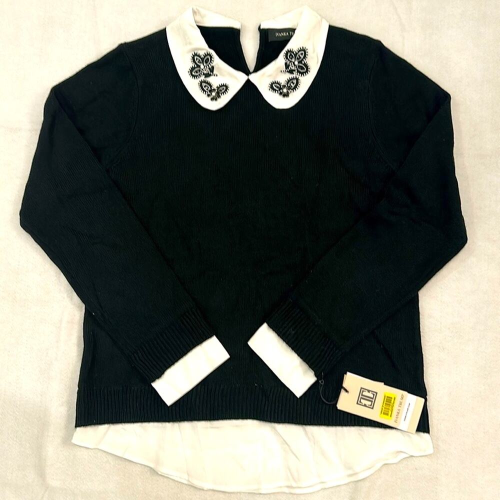 NWT Ivanka Trump White Beaded Collar Long Sleeve Black Sweater Blouse Women M 1A
